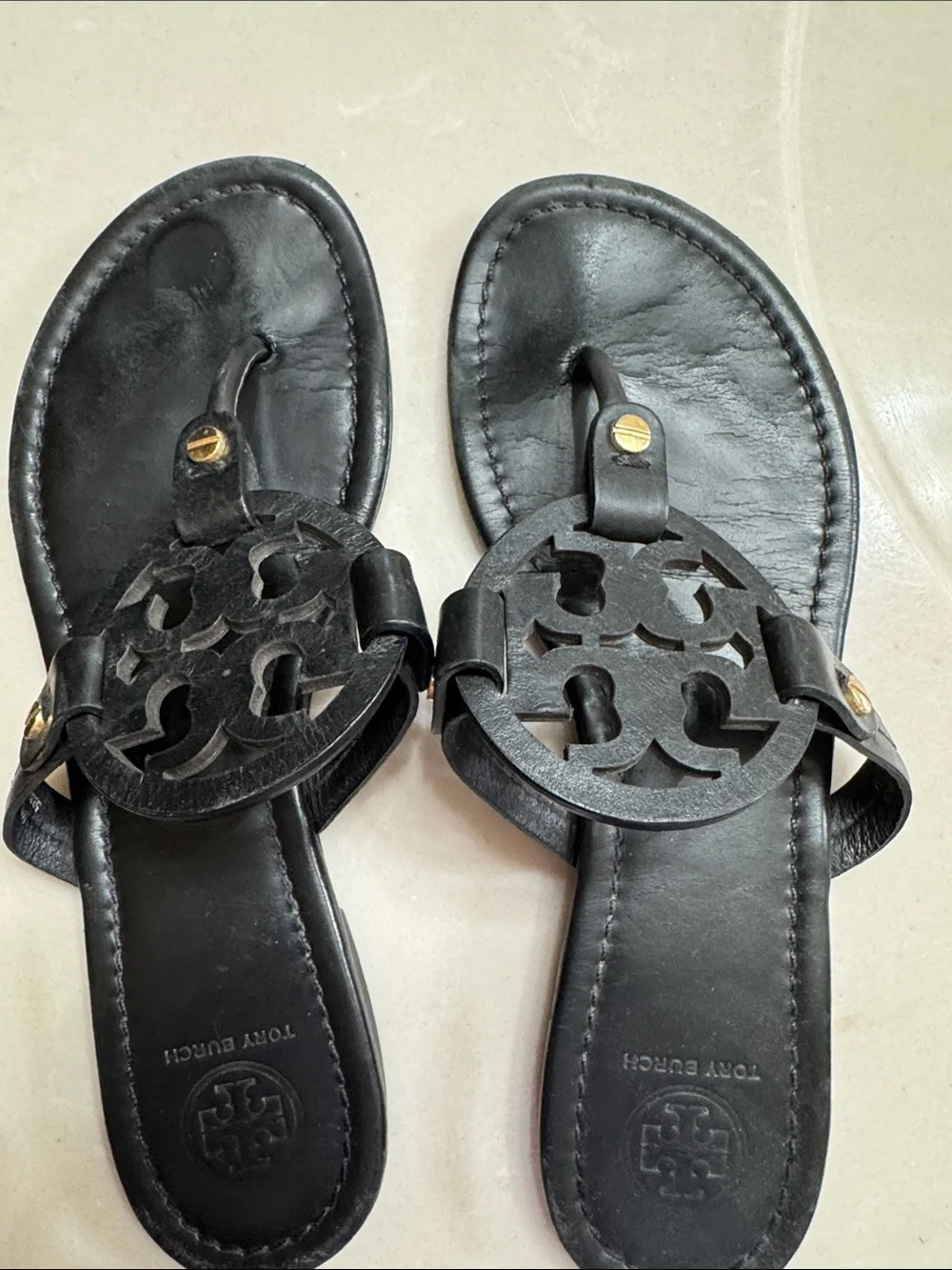 Tory Burch Black Leather Cutout Logo Thong Sandals